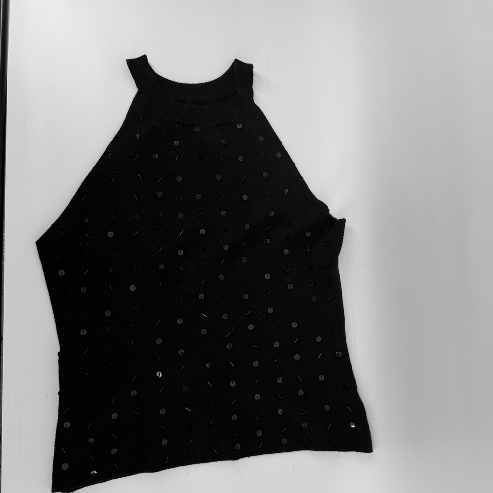 Bandolino Womens XL Black Sequin Bugle Bead Halter Knit Tank Top Sleeveless
